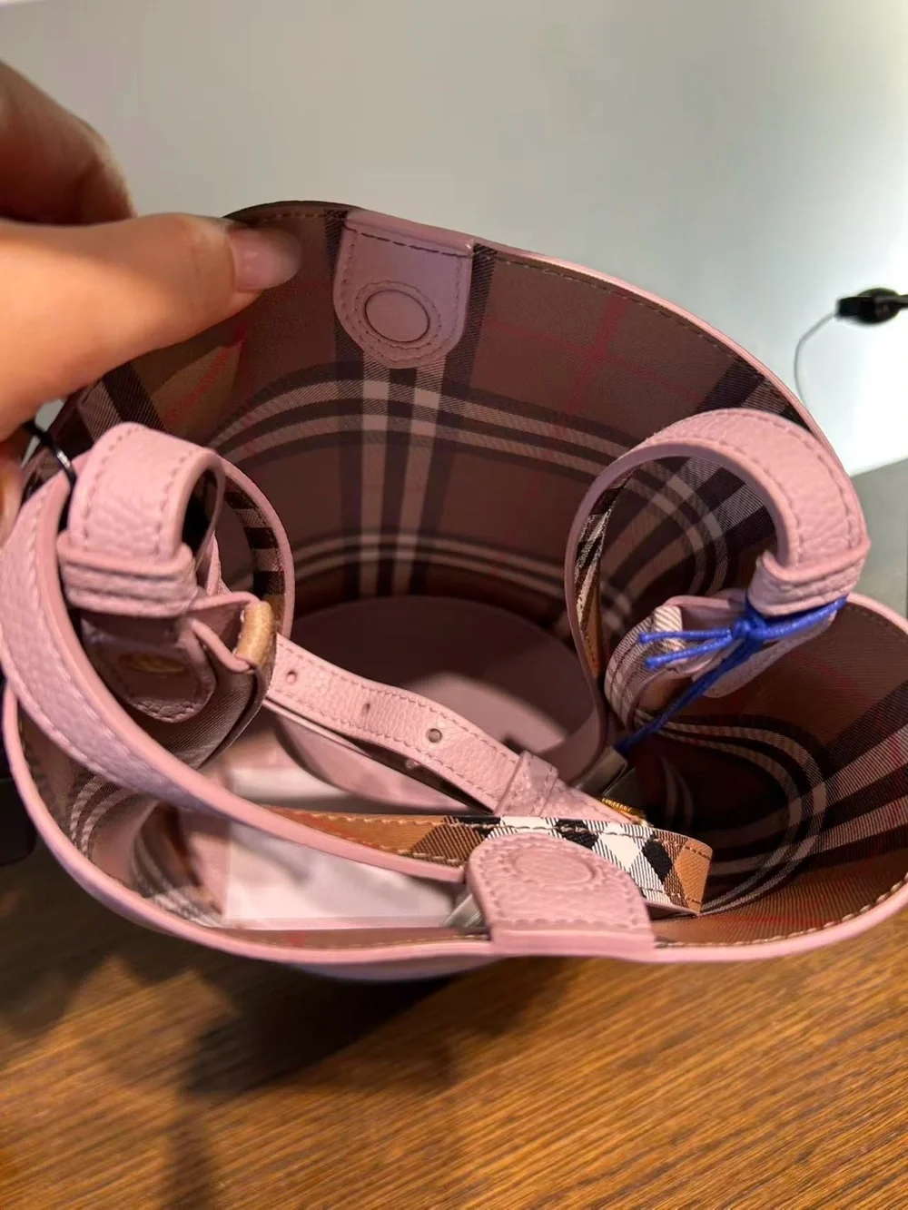 Burberry Pink Leather Bucket Bag with Signature Check Strap